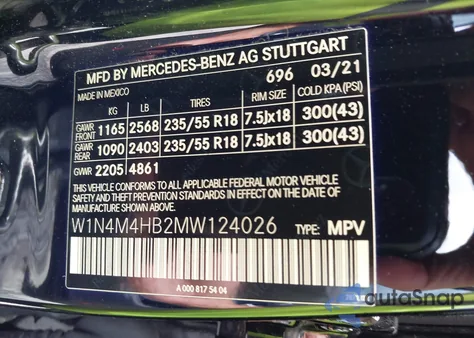 2021 Mercedes-Benz Glb 250 4Matic from USA, damaged, VIN W1N4M4HB2MW124026